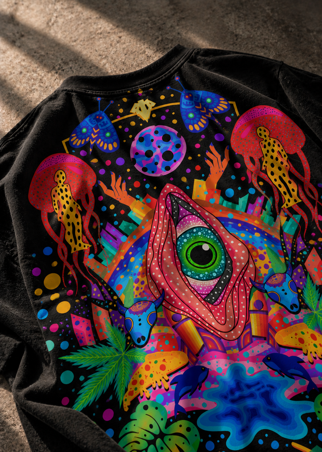 A black LMNO t-shirt featuring a highly vibrant, colorful psychedelic graphic print on the back. 