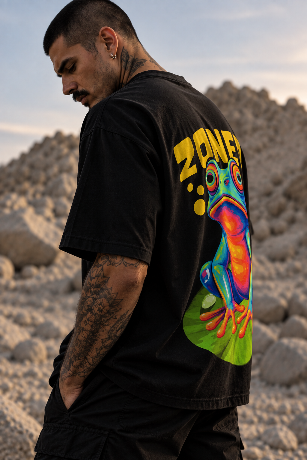 A man wearing a black LMNO t-shirt with a large, colorful graphic of a tree frog, photographed outdoors against a rocky desert background.