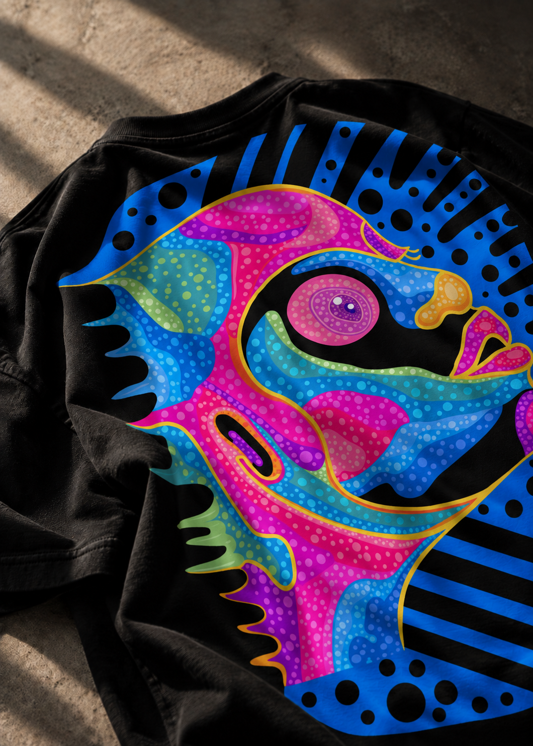A black short-sleeve T-shirt laid flat on a concrete surface, featuring a psychedelic graphic in neon pink and blue.
