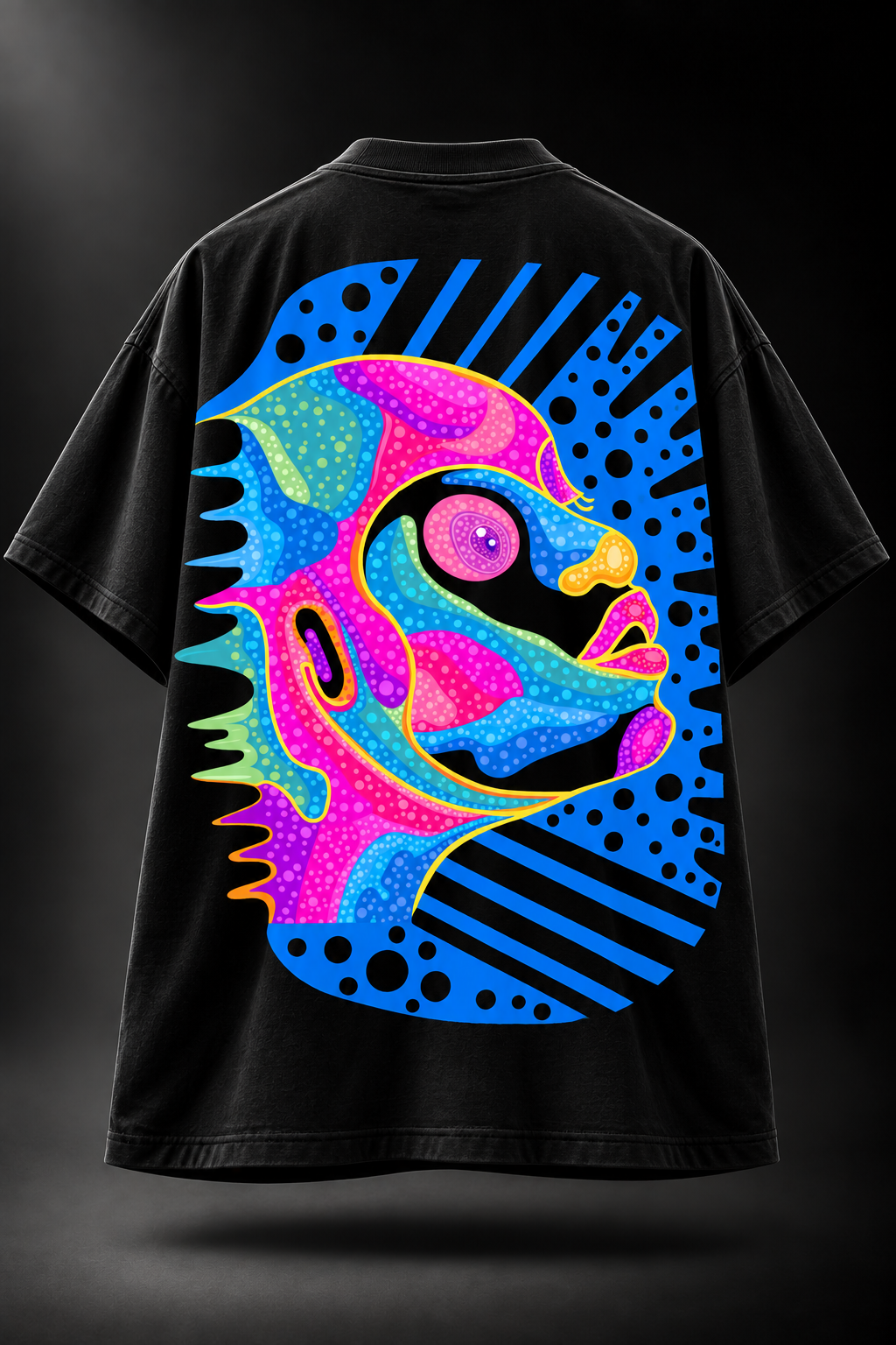 A black LMNO T-shirt  featuring a psychedelic graphic with neon pink, blue, back print.