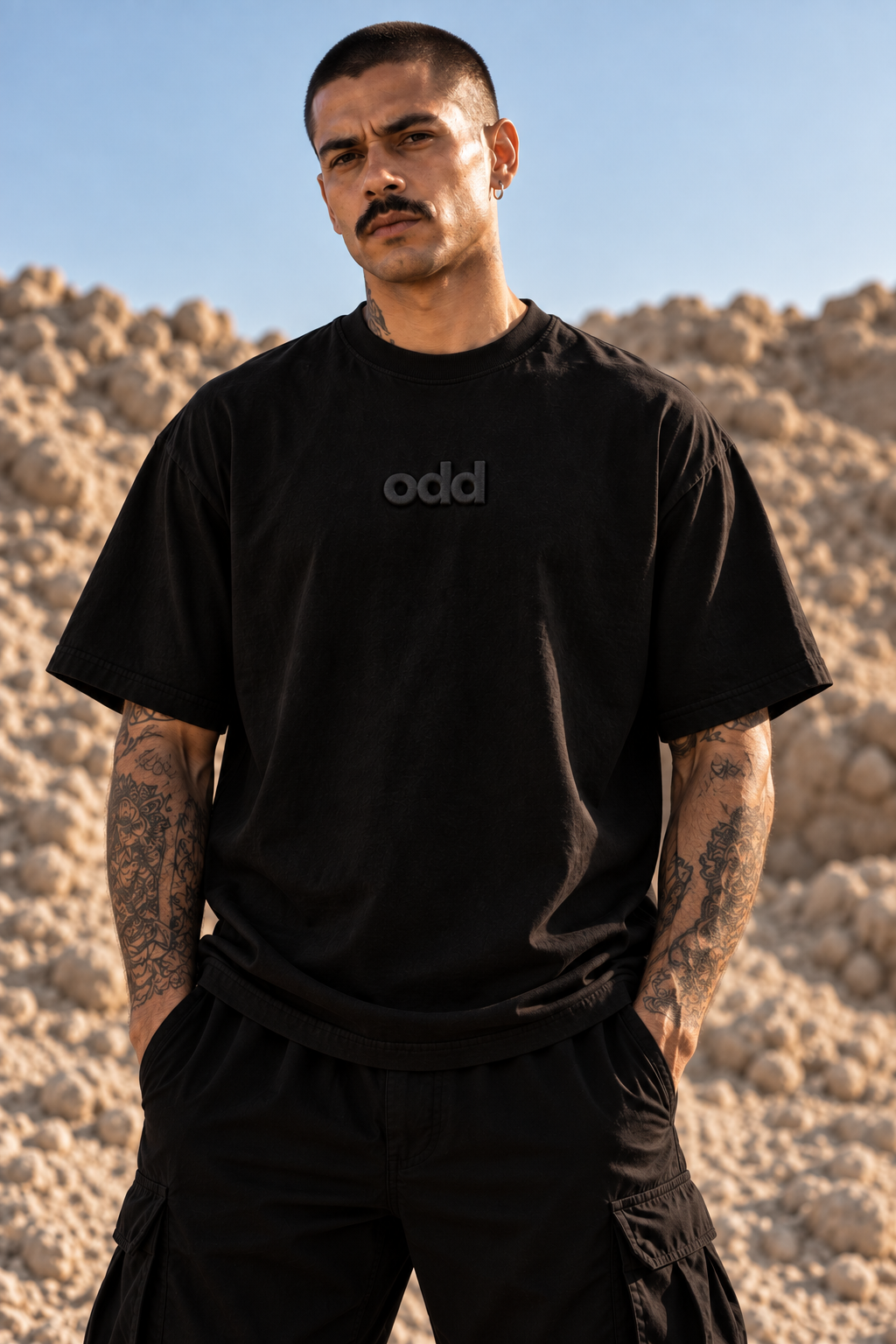 A man wearing a black LMNO t-shirt with a  gray 'odd' puff print on the chest, standing outdoors against a rocky desert background under a clear blue sky.