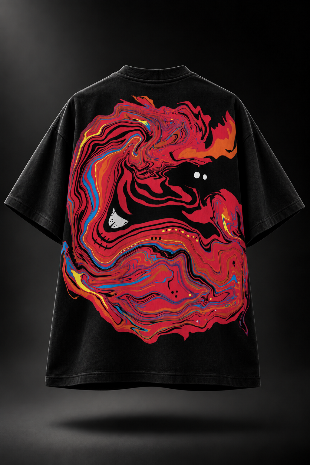 A black LMNO T-shirt shown from the back, featuring a large abstract marbled graphic in red, orange and pink.
