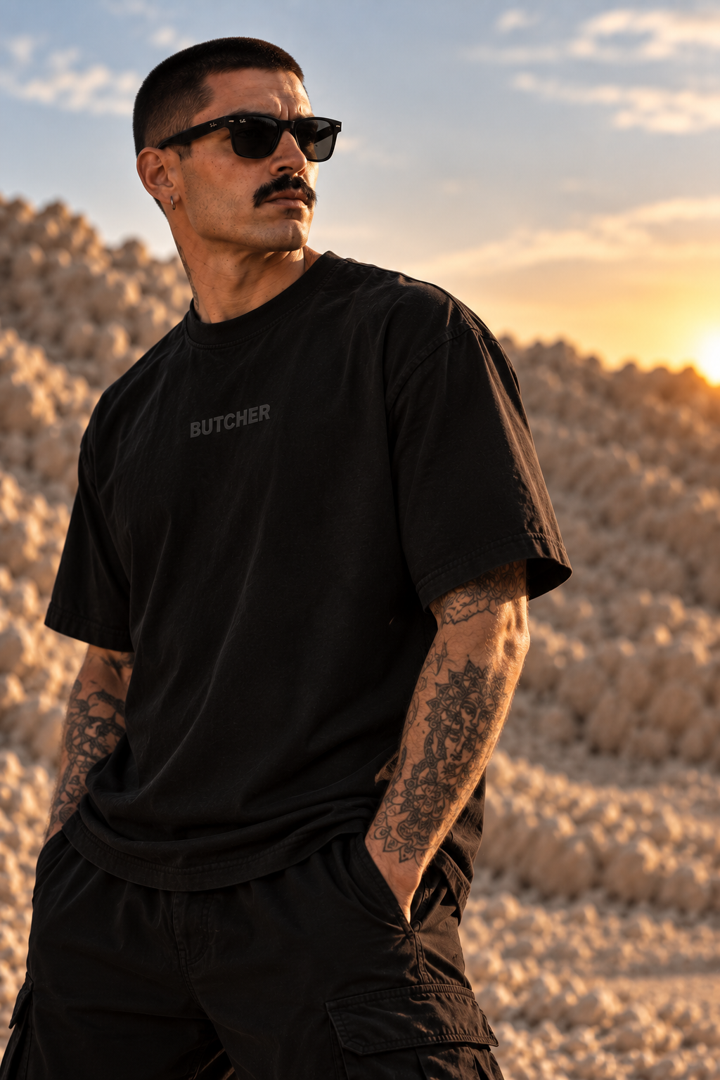 A man wearing a black LMNO t-shirt with 'BUTCHER' text printed on the chest, styled with black cargo pants and sunglasses, standing in a desert landscape at sunset.