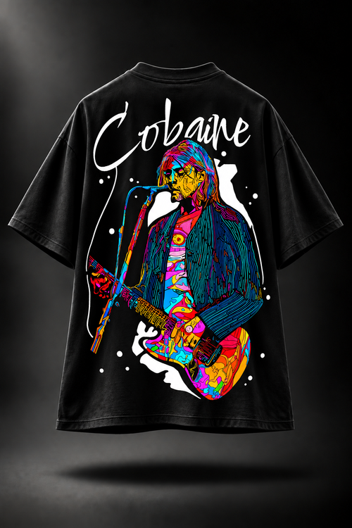A black LMNO graphic T-shirt shown from the back, featuring a large colorful illustration of a guitarist with the word 'Cobaine' in white script above it.