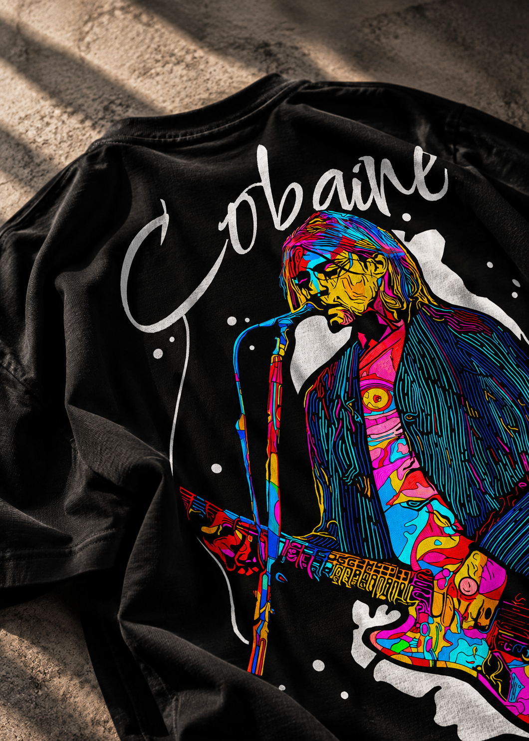 A black graphic LMNO t-shirt featuring a colorful, stylized illustration with the word 'Cobaine' in white script laid flat on a textured concrete surface.