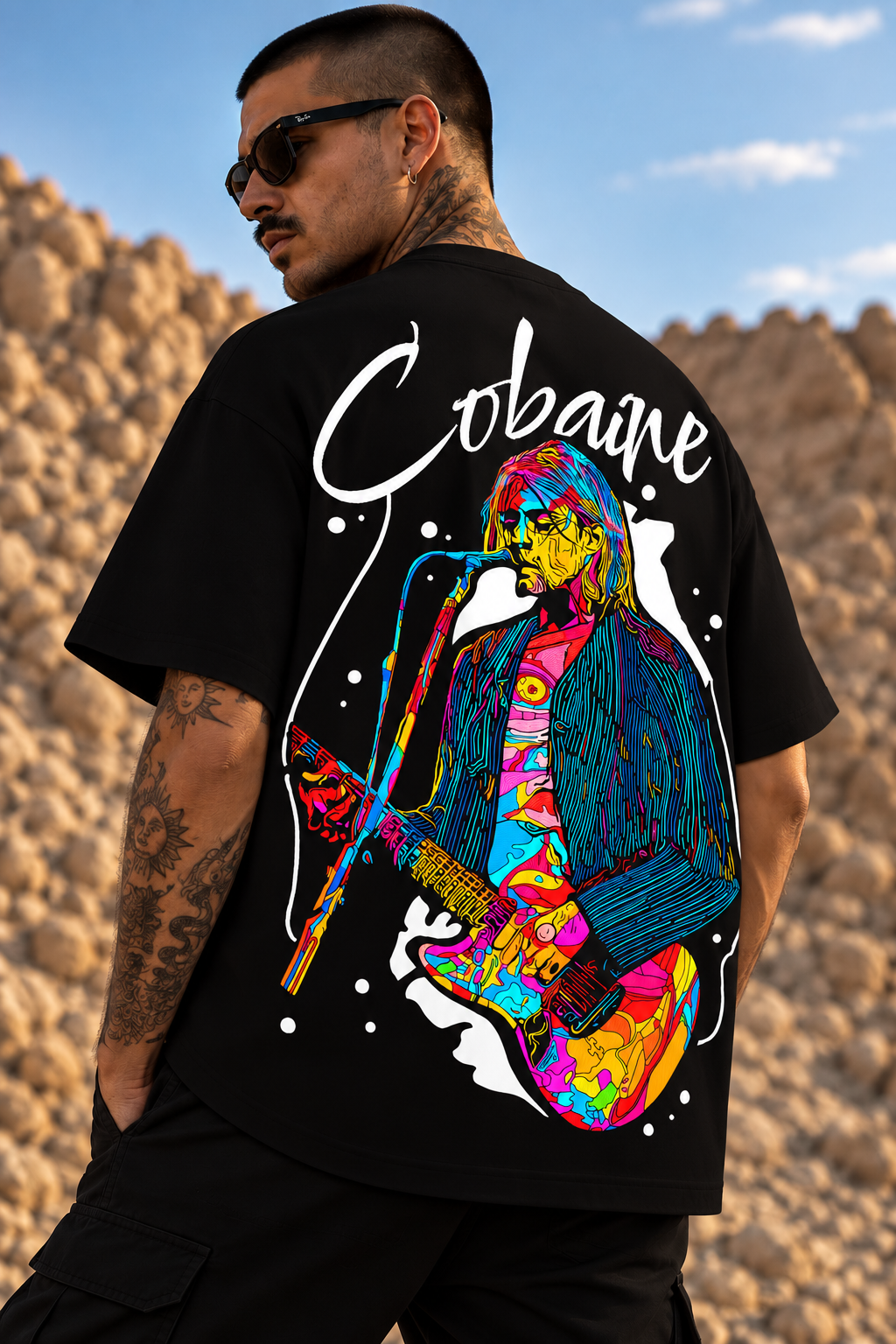 A man wearing a black LMNO graphic t-shirt with a colorful, psychedelic illustration of text "Cobaine" on the back, set against a desert rock landscape.