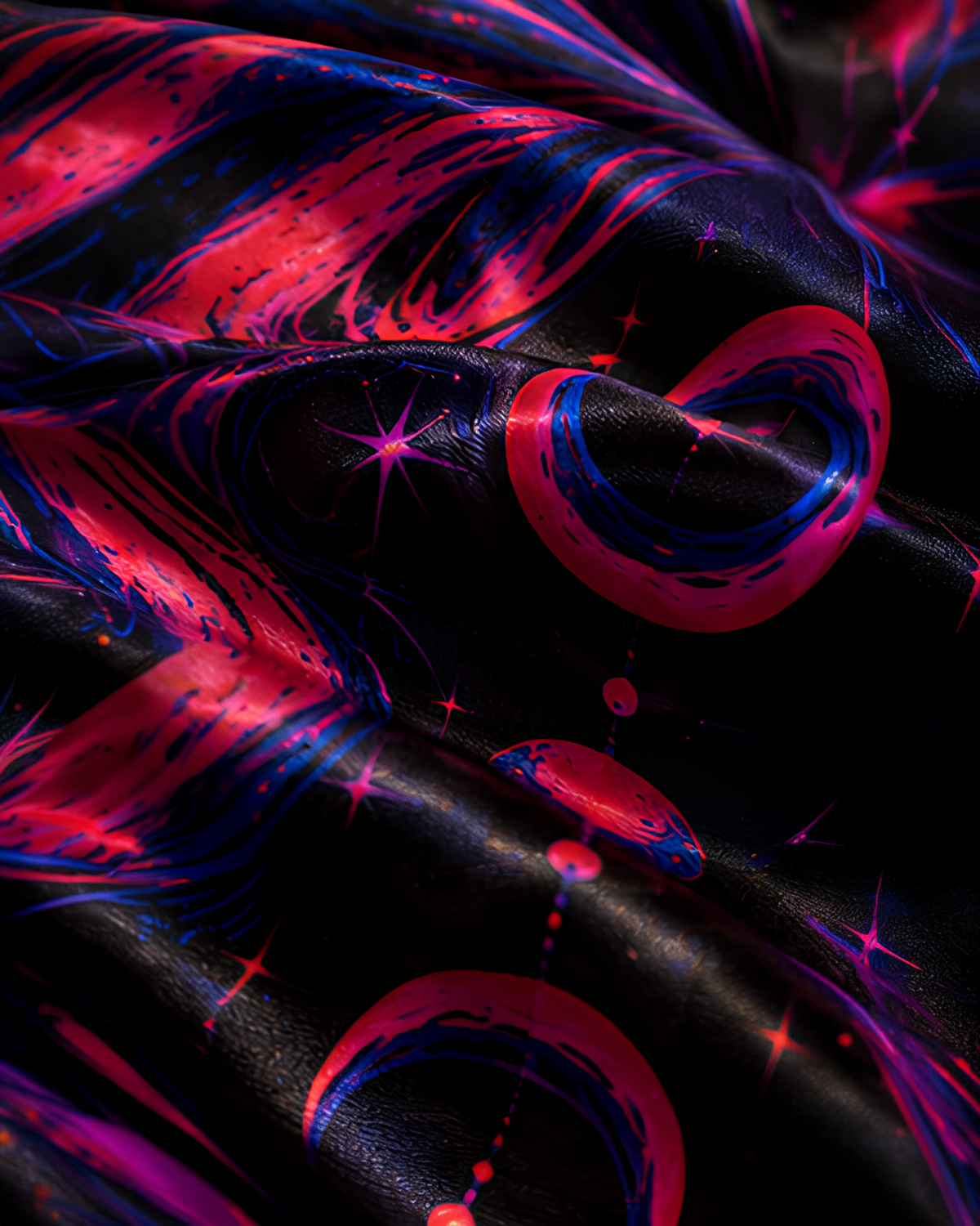 A close-up of a glossy black LMNO scarf fabric, with a vivid cosmic print featuring swirling hot pink, neon blue, and magenta star-like patterns.