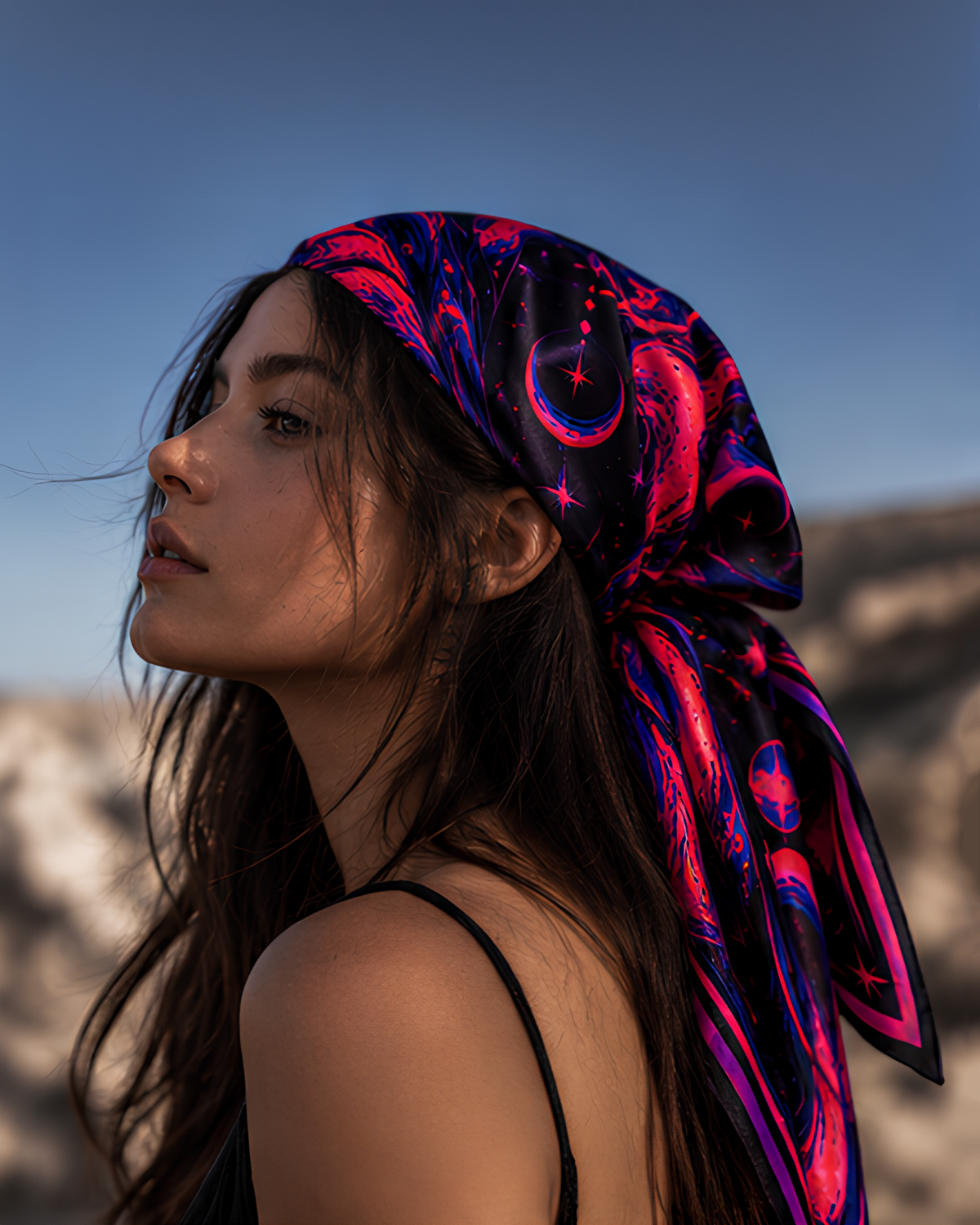 A woman in profile wearing a vibrant silk LMNO scarf with a cosmic nebula pattern in pink, purple, and blue, set against a blurred desert landscape background.