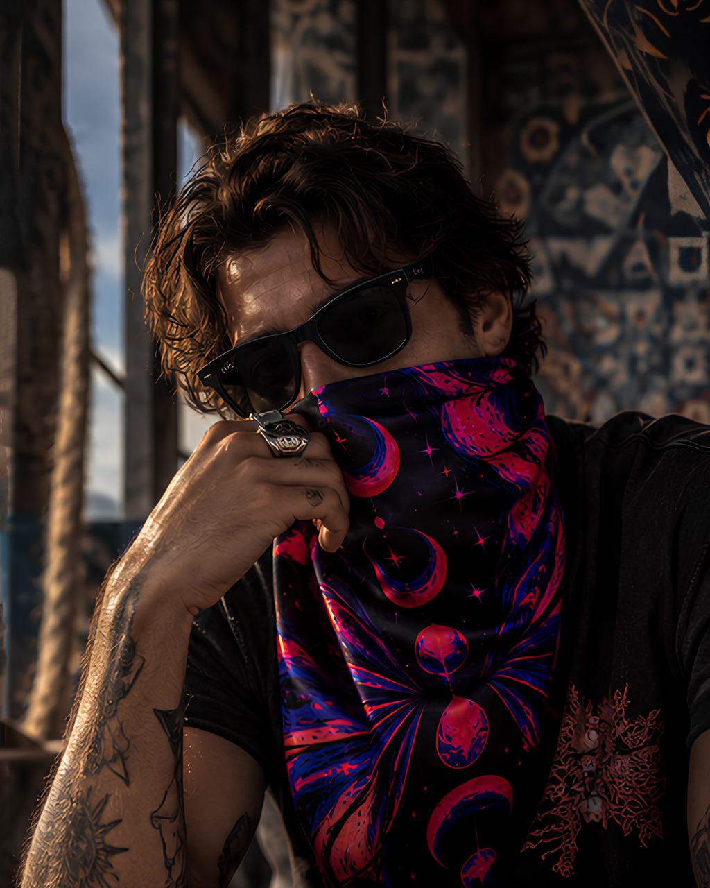 A man wearing black sunglasses and a black LMNO bandana with a vibrant cosmic print of pink, purple, and blue planets and stars, holding the bandana up to his face in a moody, high-contrast setting.