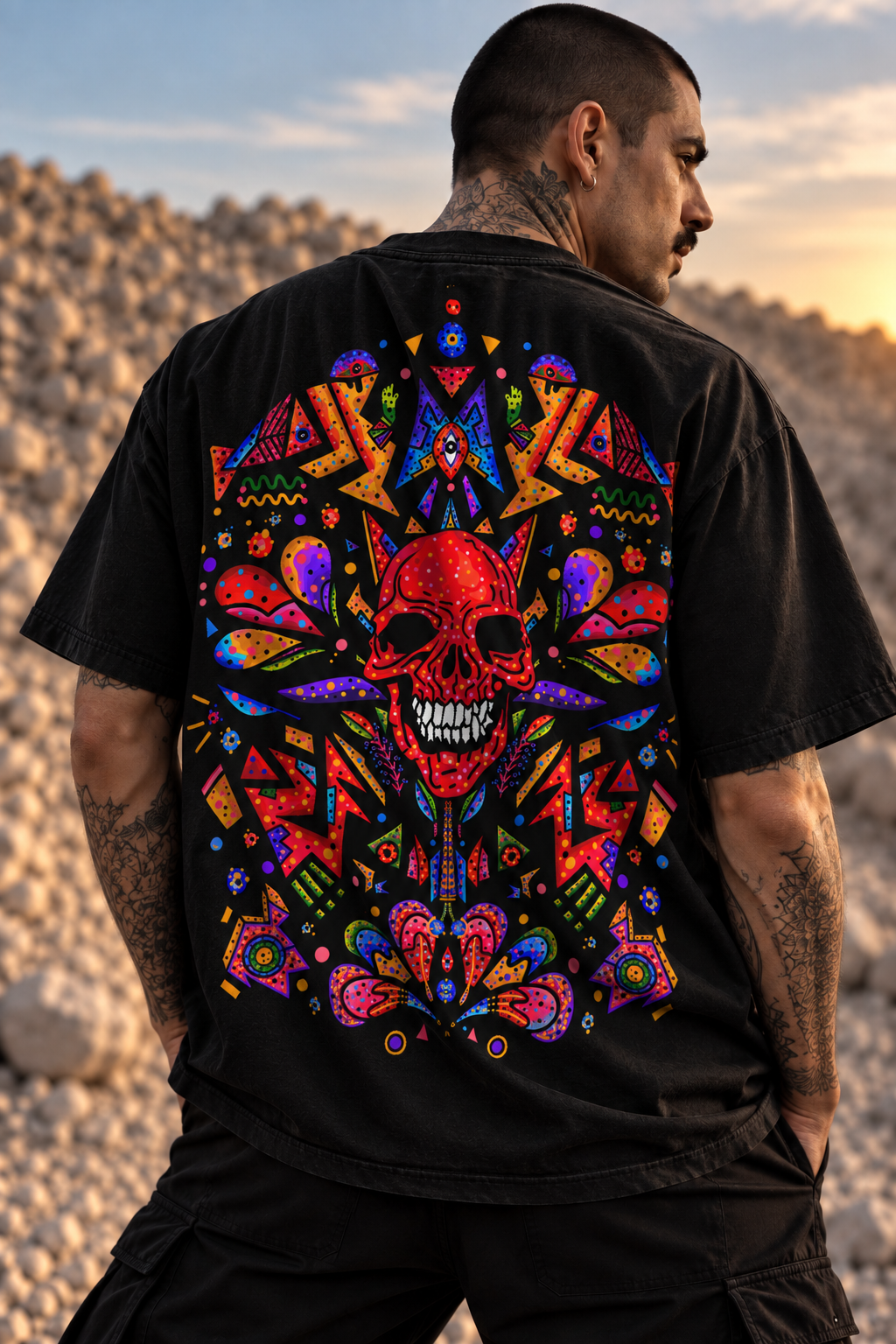 A man wearing a black LMNO t-shirt with a large, vibrant, multicolored graphic print of a skull and geometric patterns on the back.
