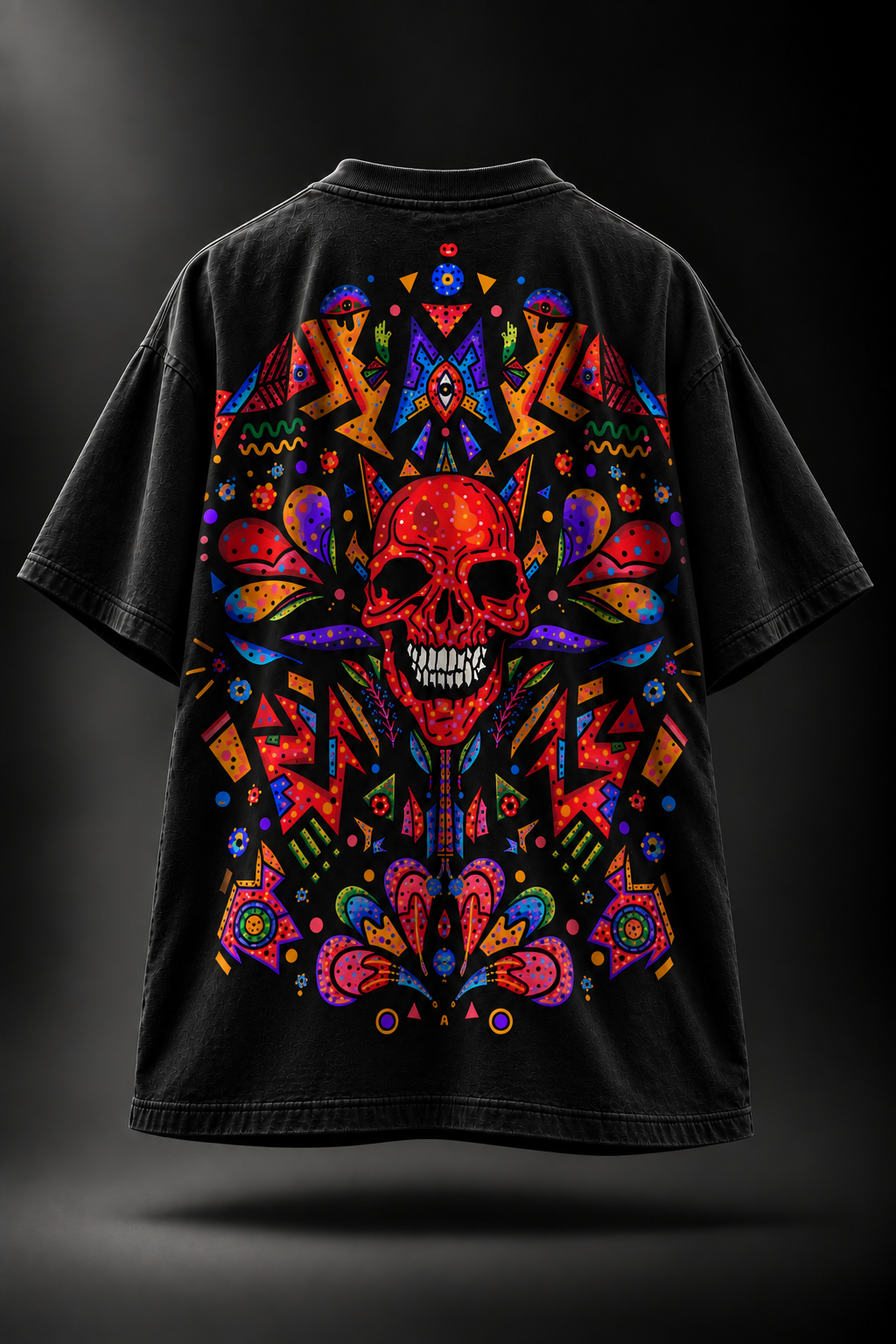 A black LMNO T-shirt shown from the back, featuring a large, vibrant, symmetrical neon-style graphic of a skull surrounded by colorful geometric and floral patterns.