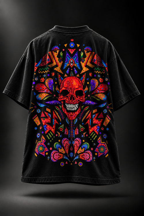 A black LMNO T-shirt shown from the back, featuring a large, vibrant, symmetrical neon-style graphic of a skull surrounded by colorful geometric and floral patterns.