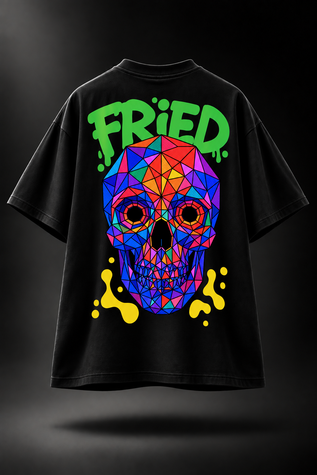 A black LMNO T-shirt shown from the back, featuring a large colorful geometric skull graphic and the word "FRIED" in bright green above it.