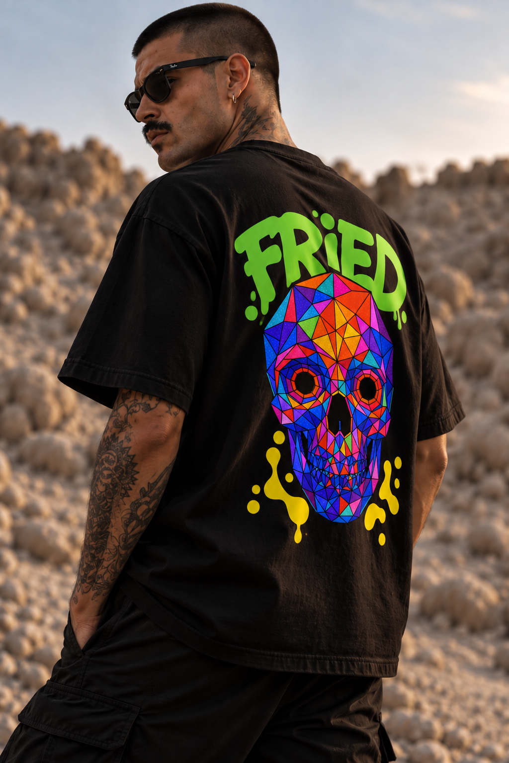 A man wearing a black LMNO t-shirt with a large, colorful geometric skull graphic and the word 'FRIED' in neon green on the back, photographed outdoors in a desert landscape.