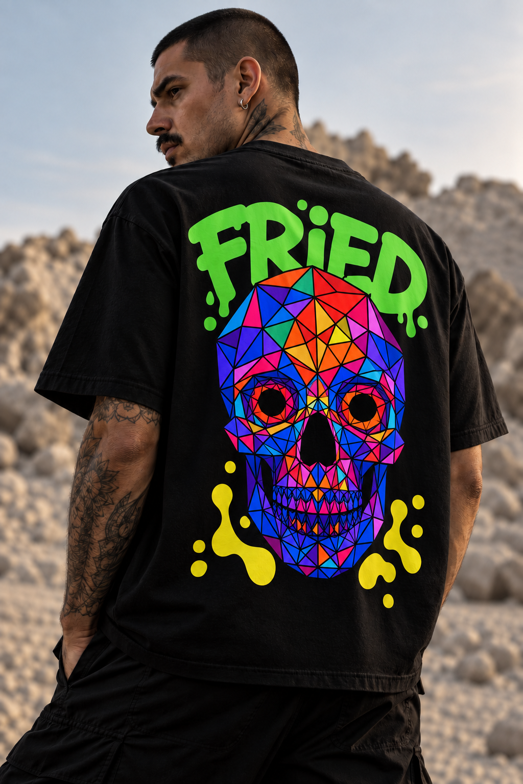 A man wearing a black LMNO t-shirt with a large, colorful geometric skull graphic and the word 'FRIED' in green dripping letters, photographed outdoors against a rocky desert background.
