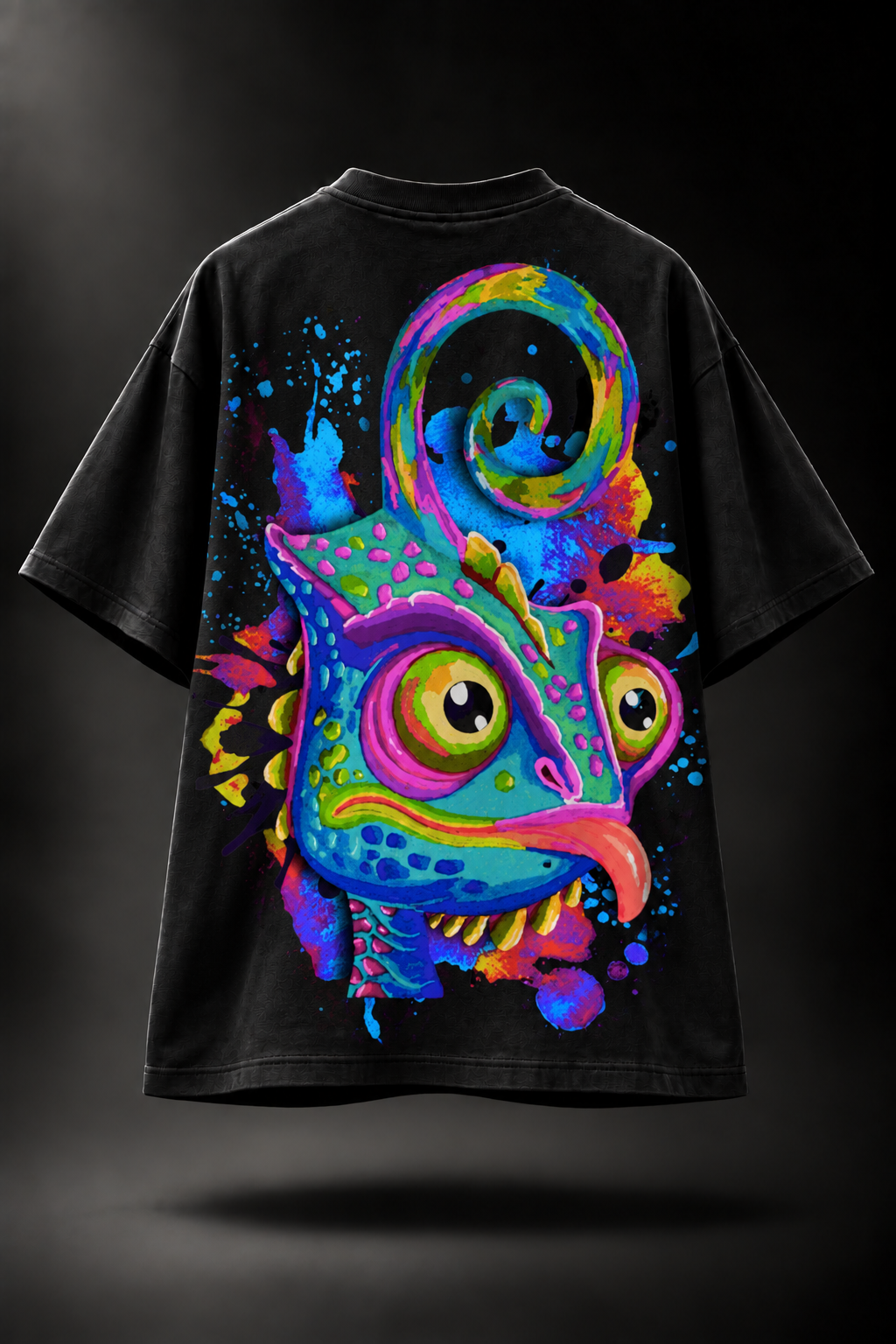 A black LMNO t-shirt shown from the back, featuring a large, vibrant, multicolored psychedelic chameleon graphic print on the back.