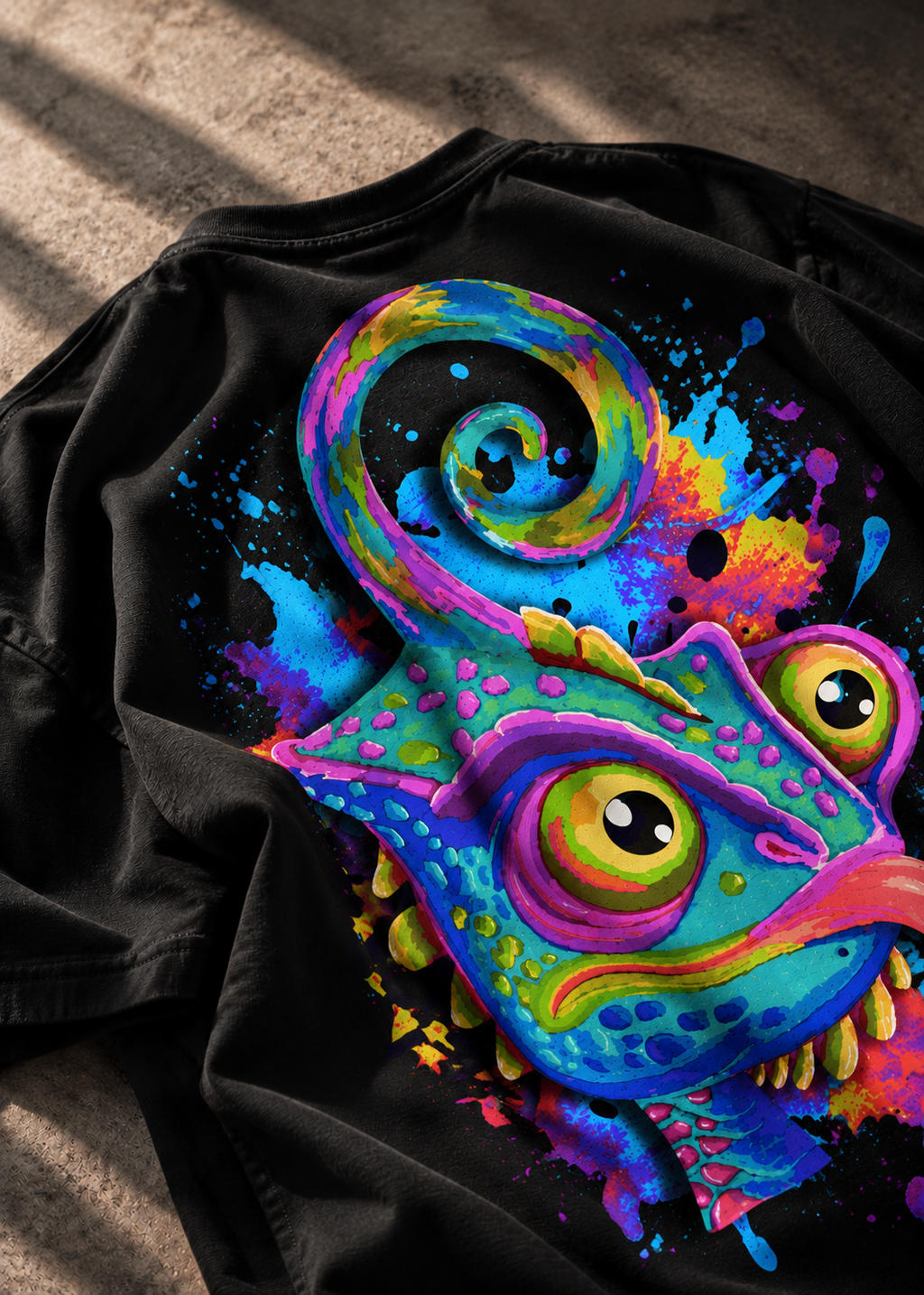 A black LMNO T-shirt laid flat on a textured beige surface, featuring a large, vibrant, multicolored psychedelic chameleon graphic printed on the front.