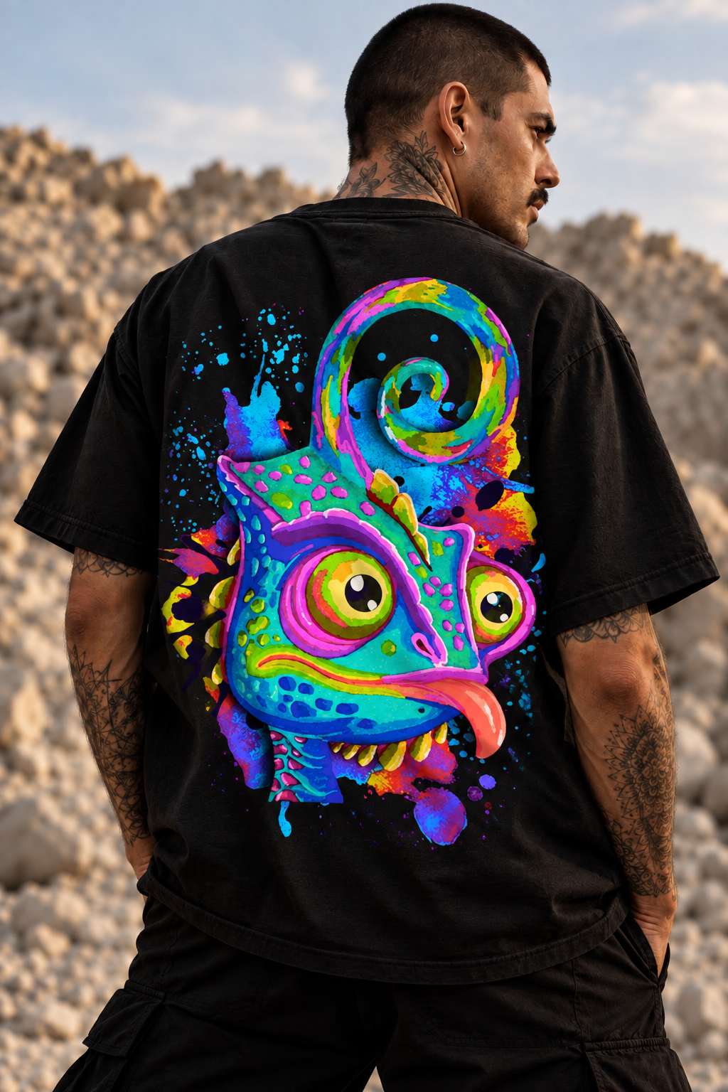 A man wearing a black LMNO t-shirt with a large, vibrant, multicolored psychedelic chameleon graphic on the back, set against a rocky outdoor background.