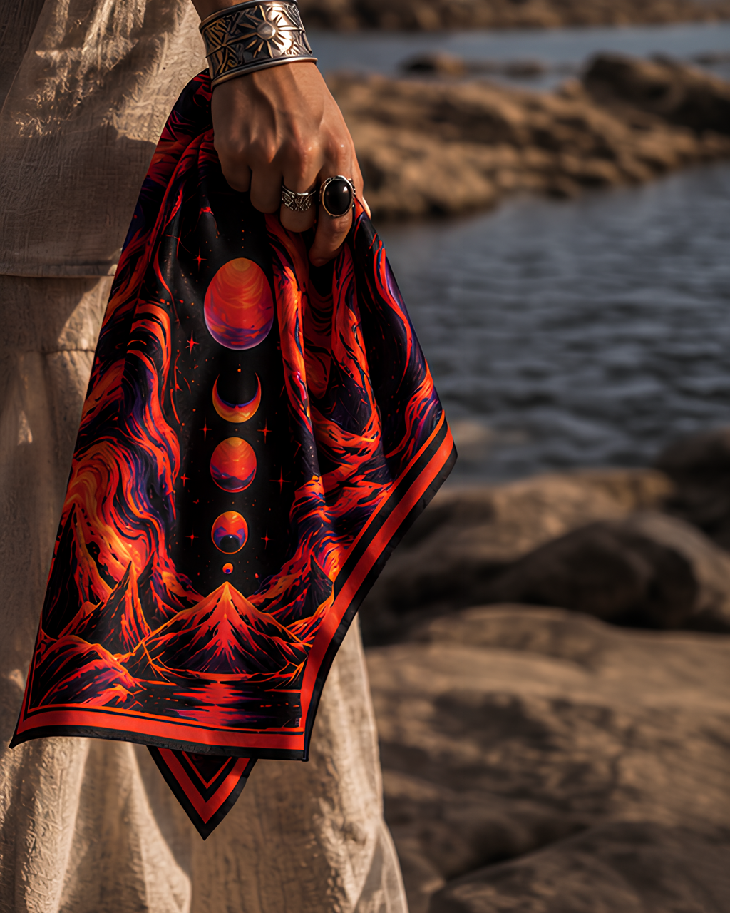 A person outdoors by the water holds a square LMNO scarf with a dramatic celestial landscape print. The scarf has a black background with red, orange, and purple planets, stars, and mountain-like forms, plus a red border.