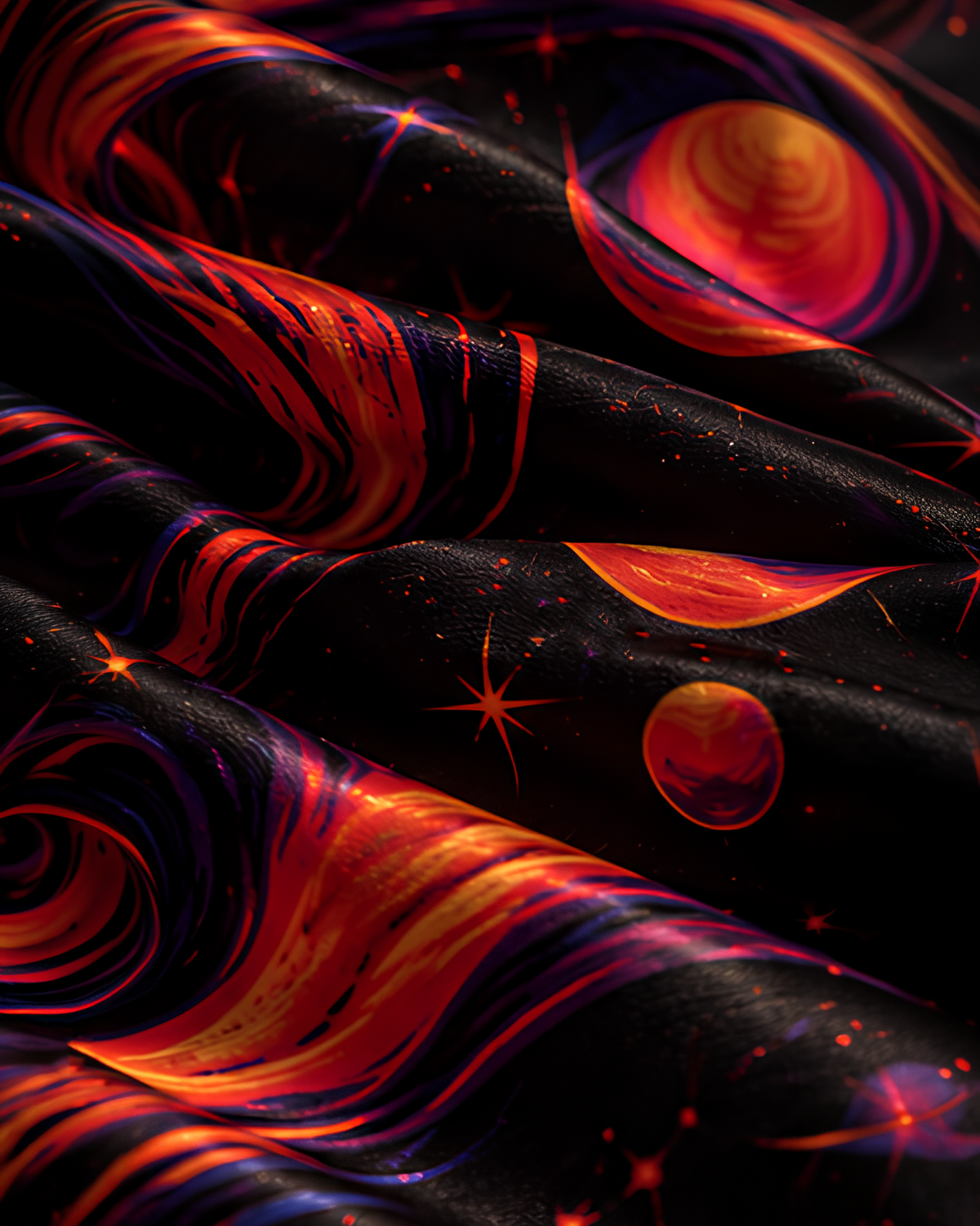 A close-up of draped black LMNO Scarf fabric with a vivid cosmic print featuring swirling red, orange, and purple nebula-like patterns and small star-like sparkles.