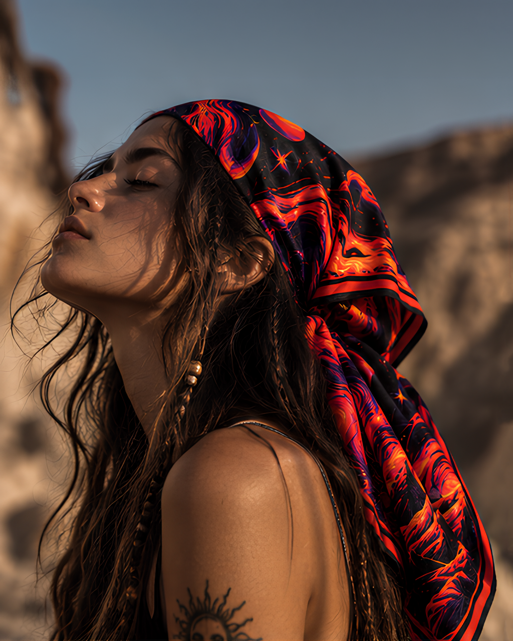 A woman wearing a hot, red, satin LMNO headscarf sitting in a rocky landscape.