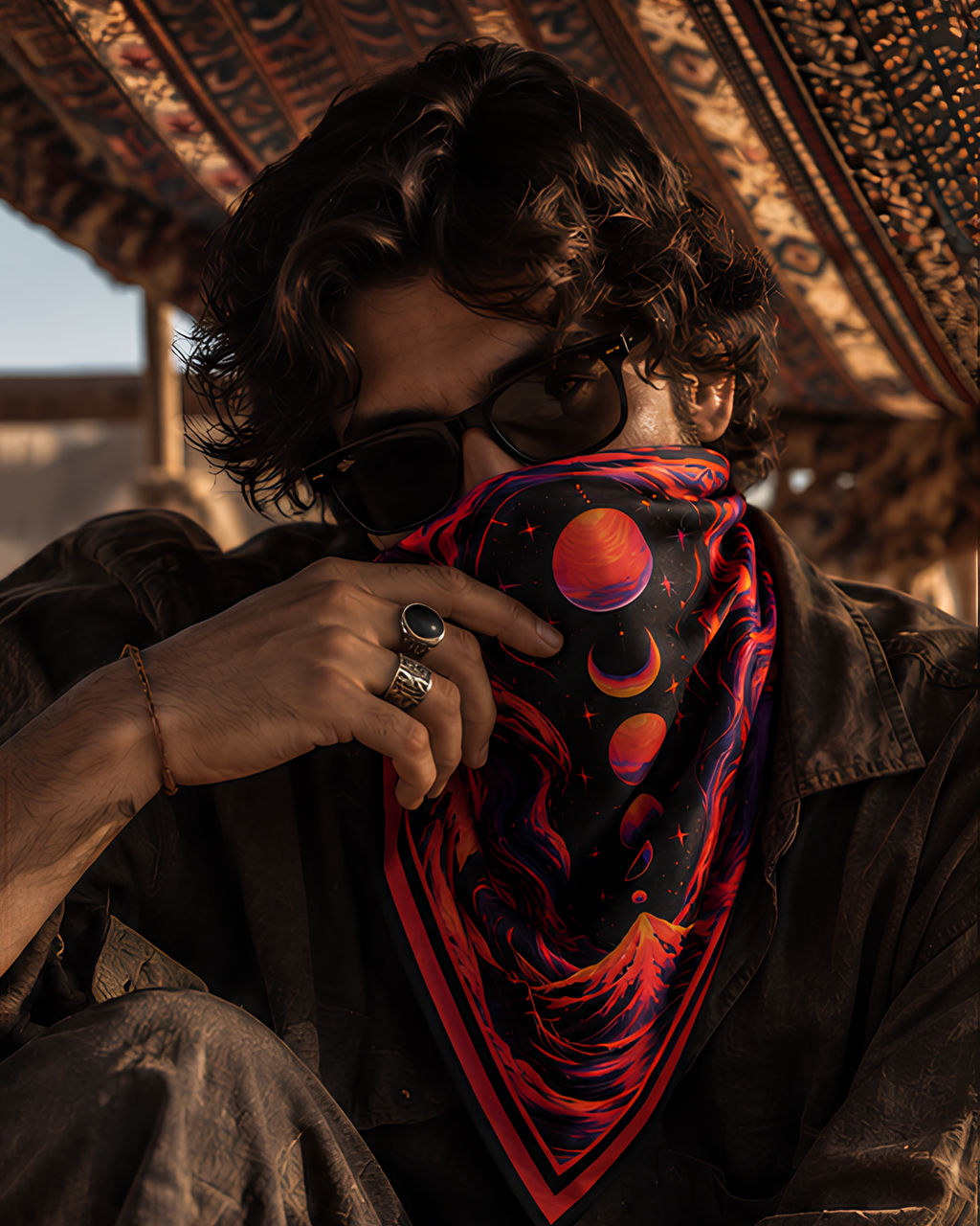 A Man wearing black wayfarers and a orange, satin LMNO scarf that has lunar designs on it, sitting under a shack.