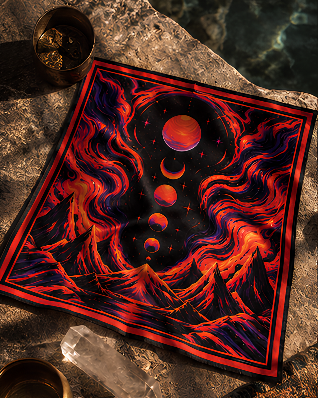 A square LMNO scarf featuring a dramatic cosmic landscape print with red and orange planets, crescent moons, swirling dark clouds, and mountain silhouettes, laid flat on a stone surface with decorative props nearby.