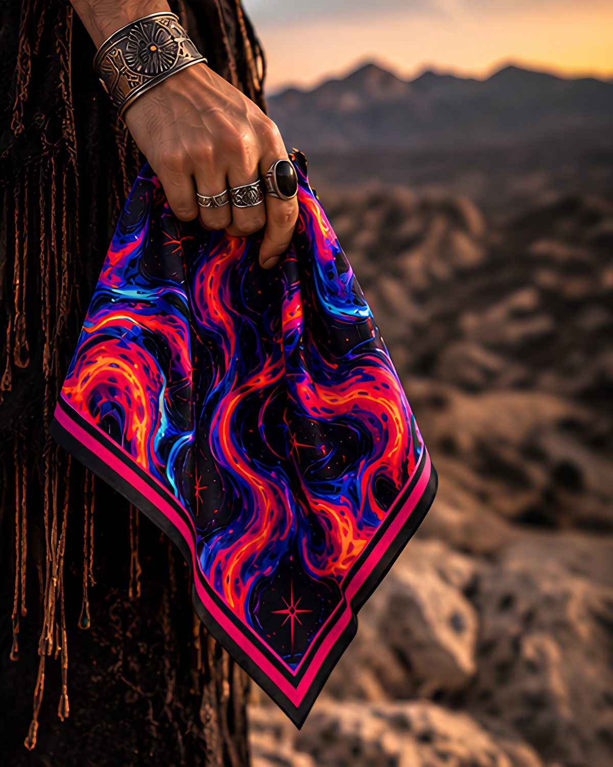 A person outdoors in a desert landscape at sunset holds a square LMNO satin scarf with a vivid abstract print in black, neon pink, blue, and orange-red. The person wears dark fringe clothing and silver rings and bracelets.