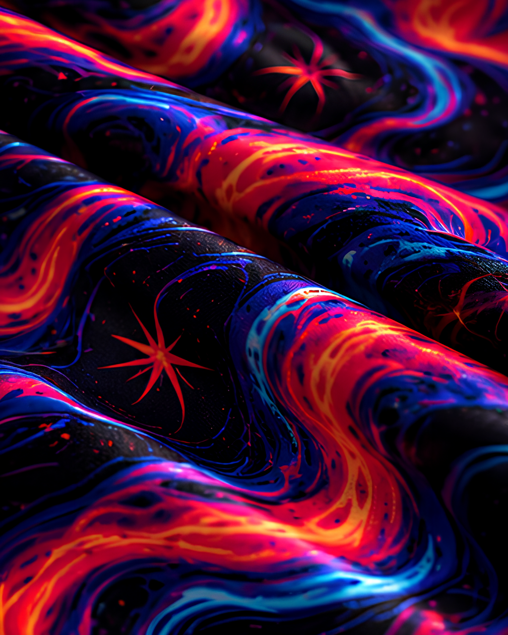 Close up of a LMNO satin scarf fabric with psychedelic print of stars and celestial galaxies.