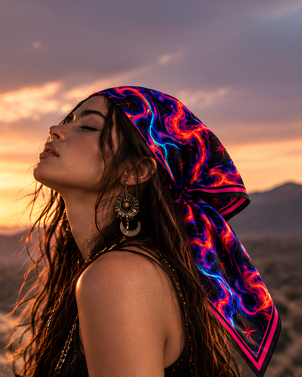 A female model wearing a psychedelic LMNO satin scarf and junk jewellery sitting at sunset with eyes closed.