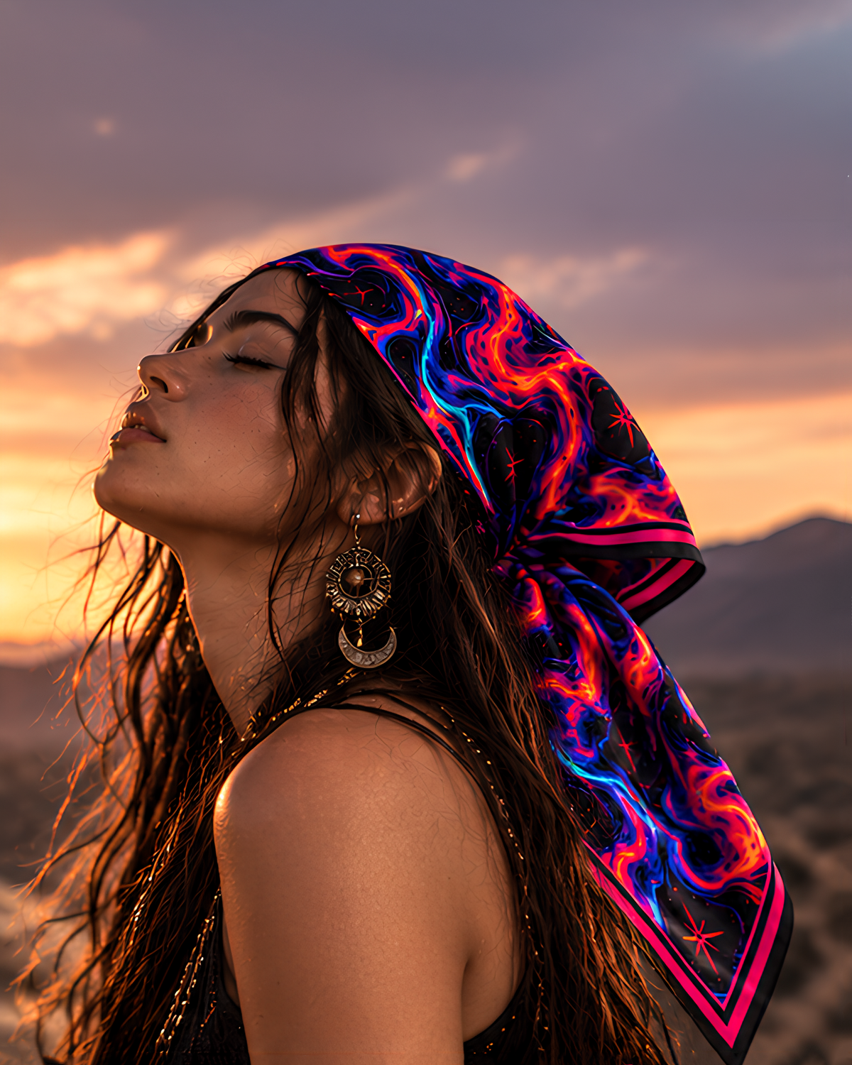 A female model wearing a psychedelic LMNO satin scarf and junk jewellery sitting at sunset with eyes closed.