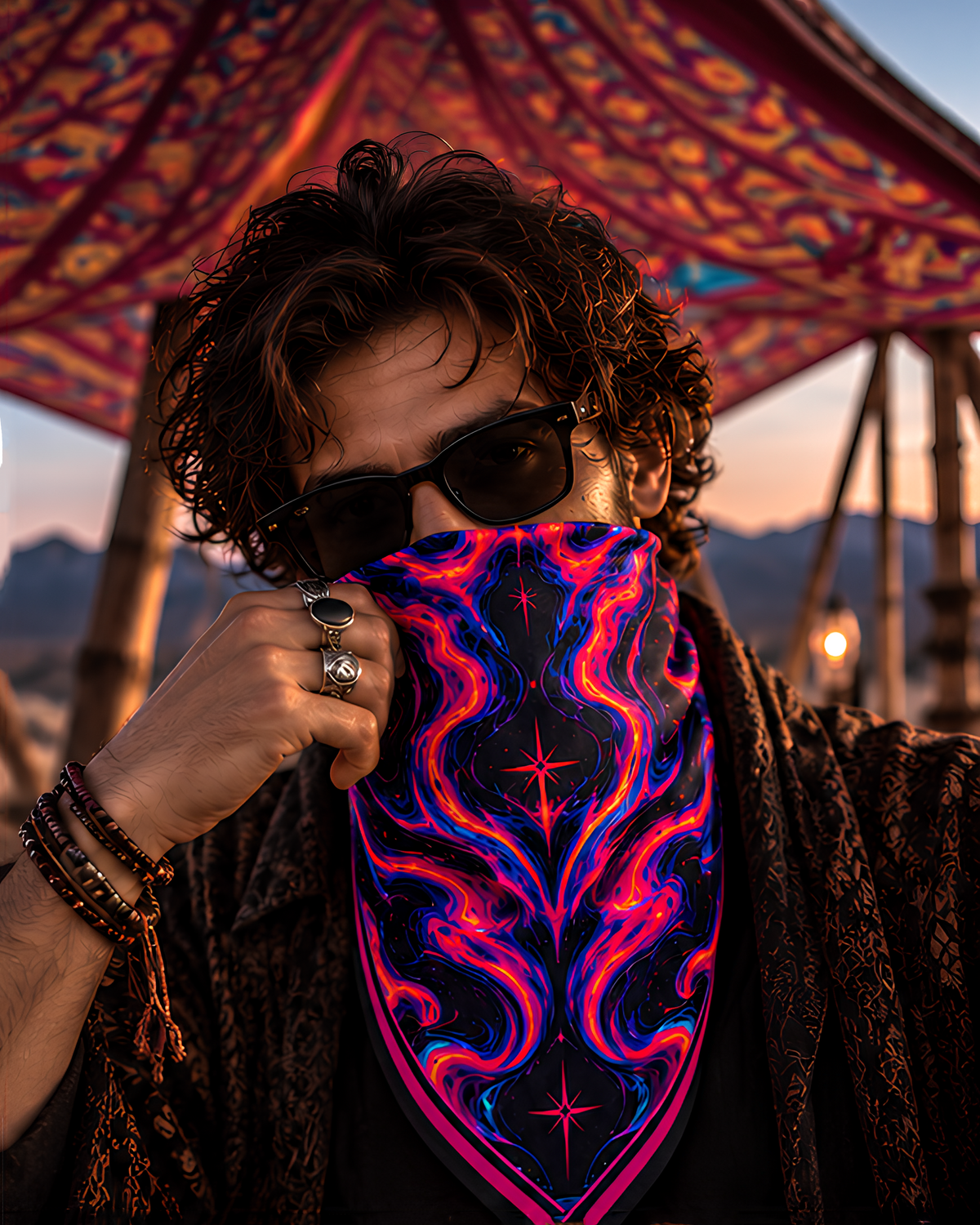 A man wearing a balck shirt and a pink and blue satin LMNO scarf sitting under a shack at sunset