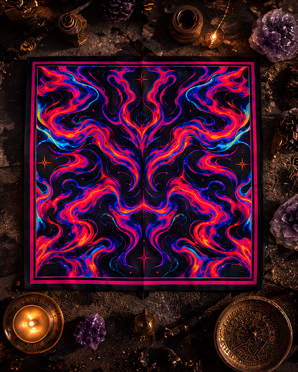 A square satin LMNO scarf featuring a symmetrical psychedelic swirl pattern in neon pink, red, blue, and purple on a black background, styled flat-lay with candles, crystals, and metallic objects around it.