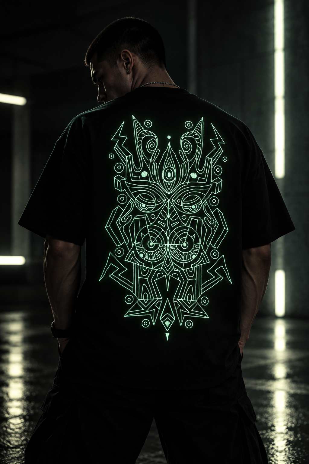 A man viewed from behind wearing a black LMNO t-shirt with a large glowing green tribal mask graphic on the back, standing in a dark, moody indoor setting with vertical light beams.