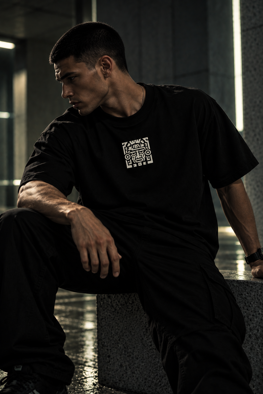 A man wearing a black LMNO t-shirt with a white graphic print on the left chest, sitting on a stone ledge in a dimly lit urban setting.