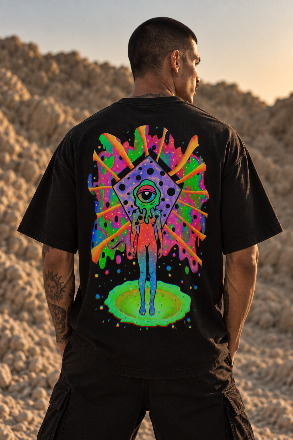 A man viewed from behind wearing a black LMNO t-shirt with a large, vibrant psychedelic graphic on the back. 