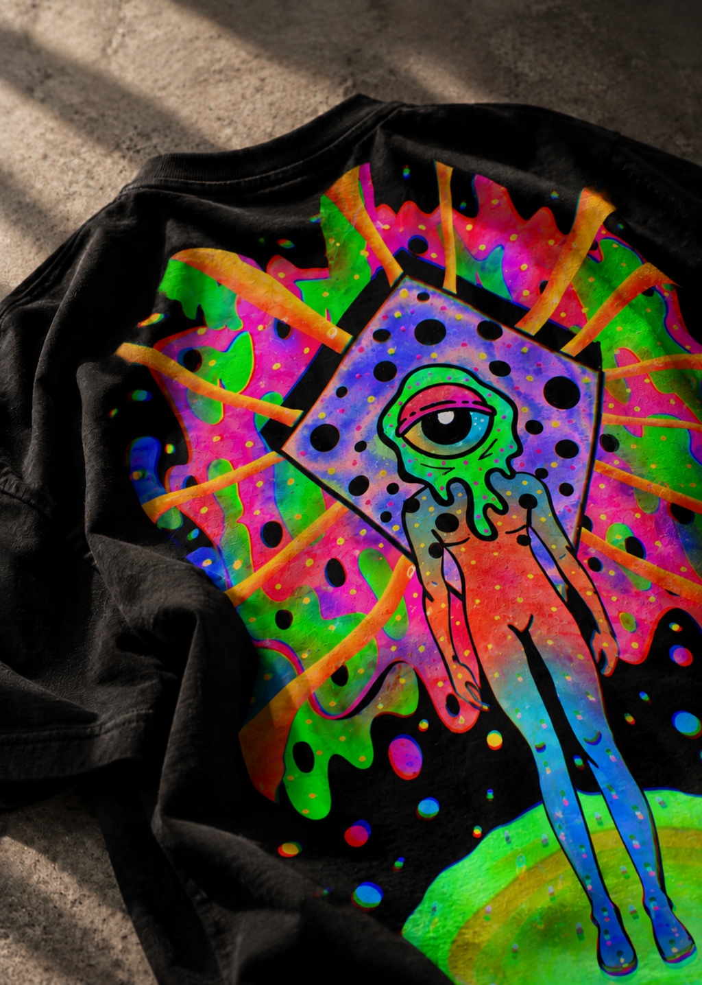 A black LMNO T-shirt laid flat on a textured concrete surface, featuring a large colorful psychedelic graphic of a one-eyed alien with neon green, blue, pink, orange, and purple tones.