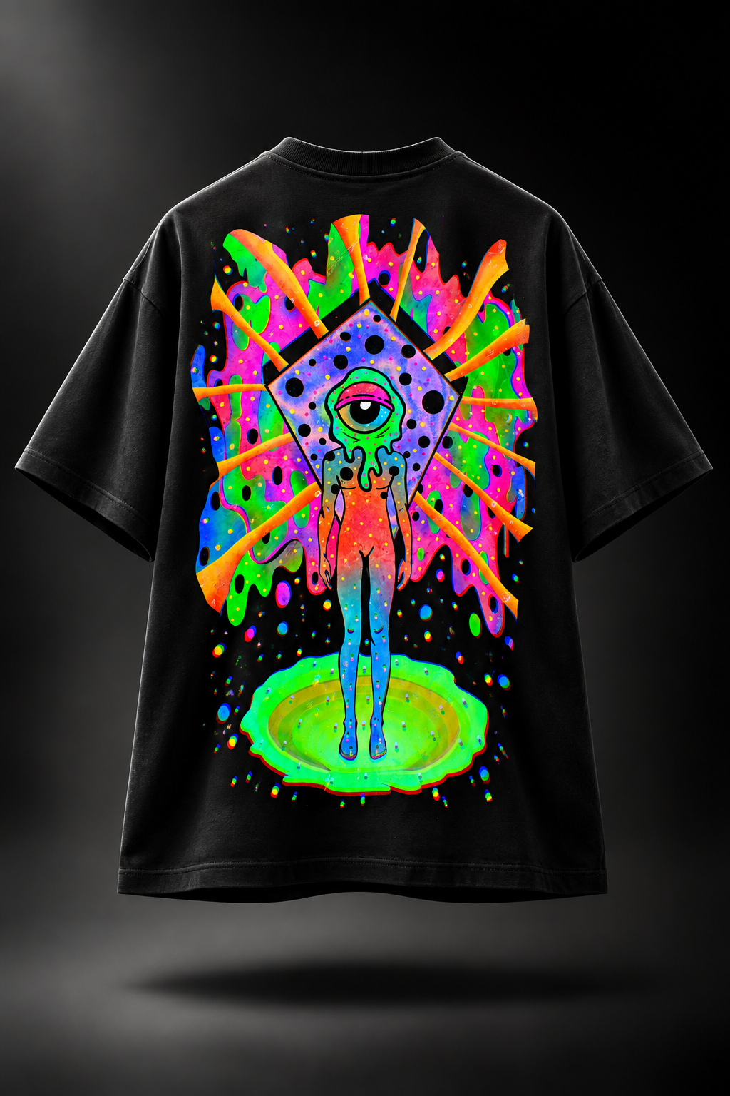 A black LMNO t-shirt, featuring a large, vibrant, neon psychedelic graphic of an alien figure with a single eye under a diamond-shaped head.