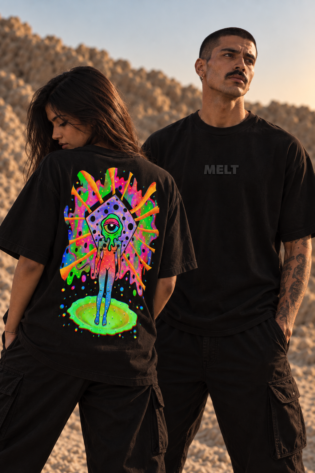 Two models wearing black LMNO t-shirts in an outdoor desert setting at sunset. 