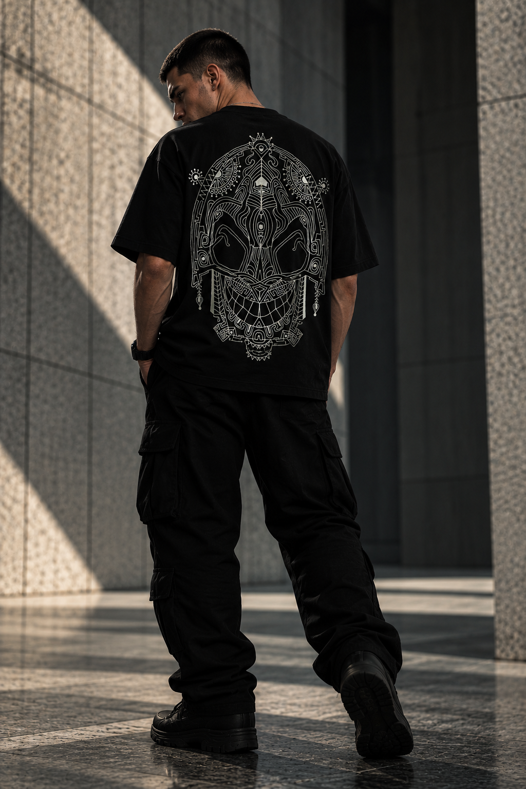 A man wearing a black LMNO t-shirt with a large white gothic skull graphic on the back, paired with black cargo pants, standing in a modern concrete corridor with dramatic shadows.