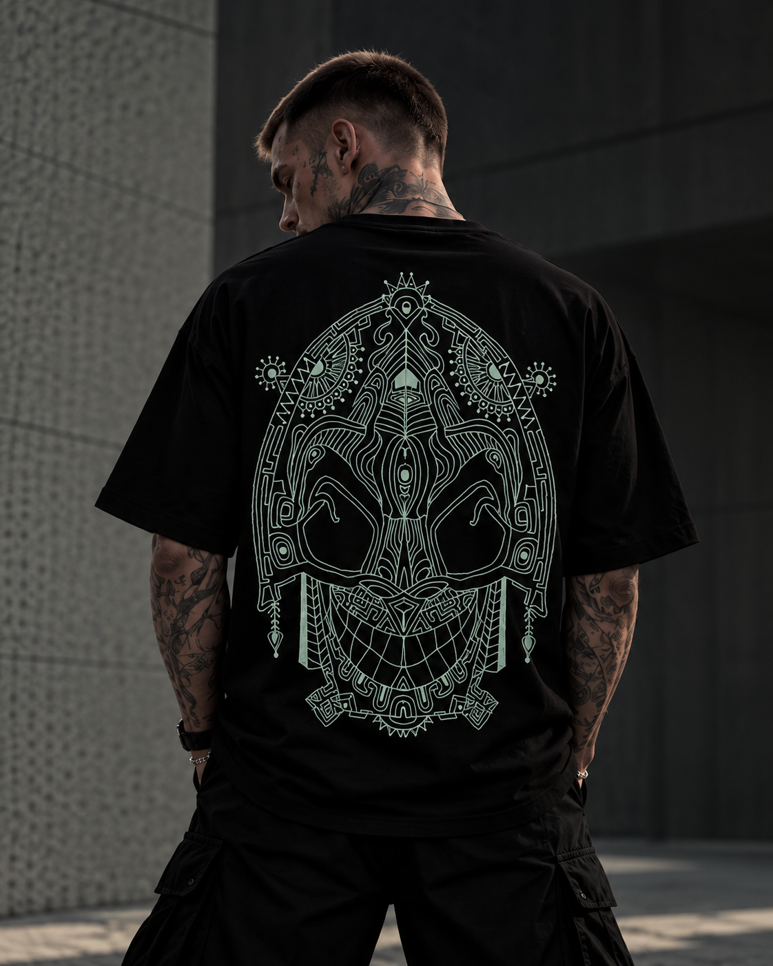 A man viewed from behind wearing a black LMNO t-shirt with a large, intricate light green mandala-style graphic on the back, set against a dark gray concrete wall.
