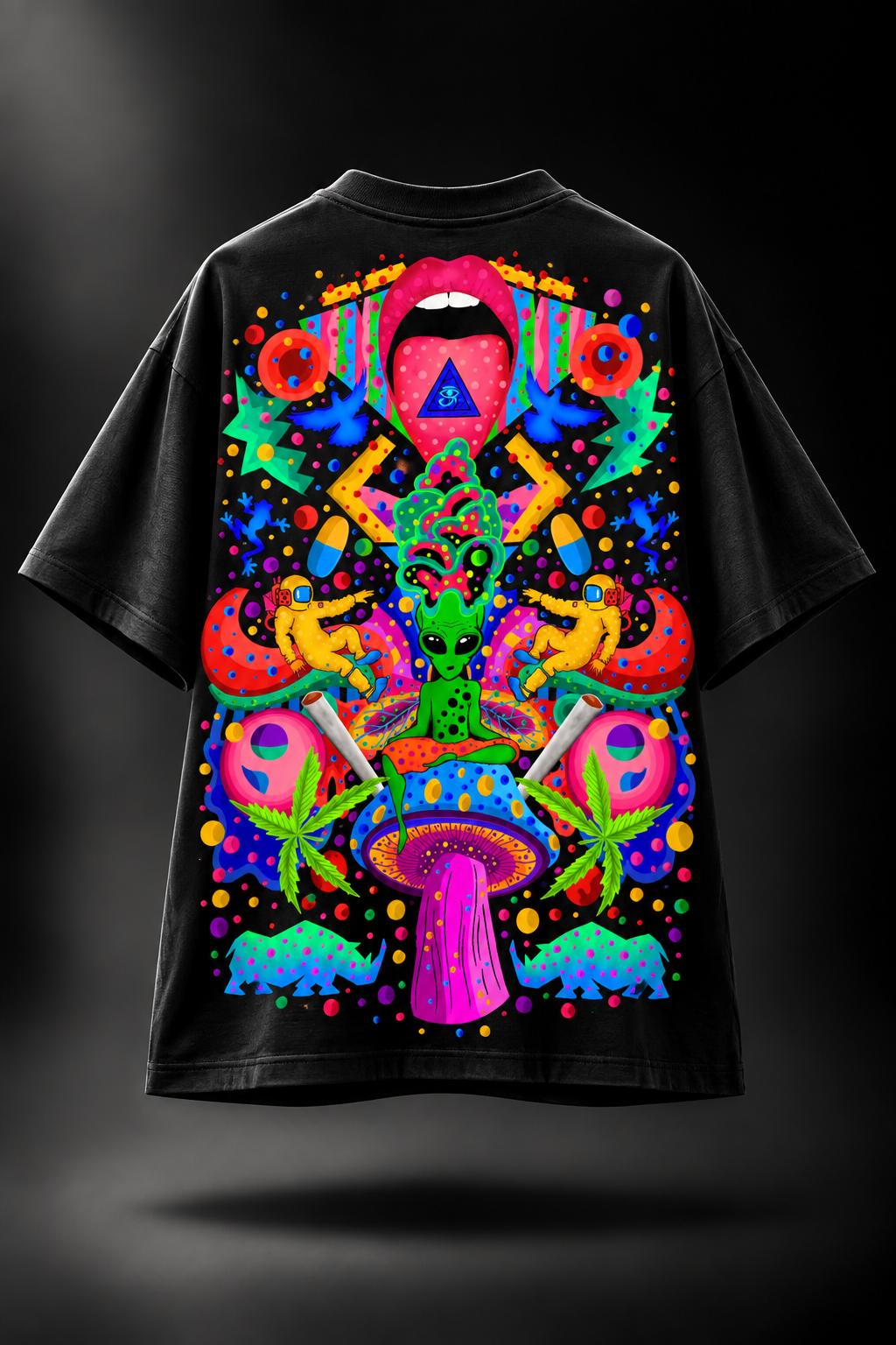 A black LMNO t-shirt  featuring a highly vibrant, multicolored psychedelic graphic print.