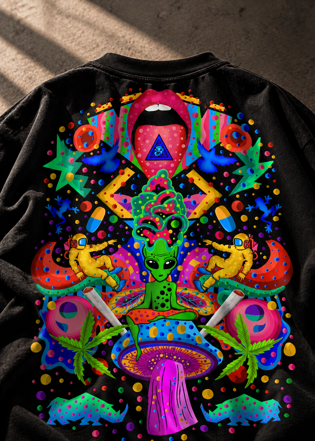 A black LMNO tshirt featuring a highly detailed, colorful psychedelic graphic print on the back. 
