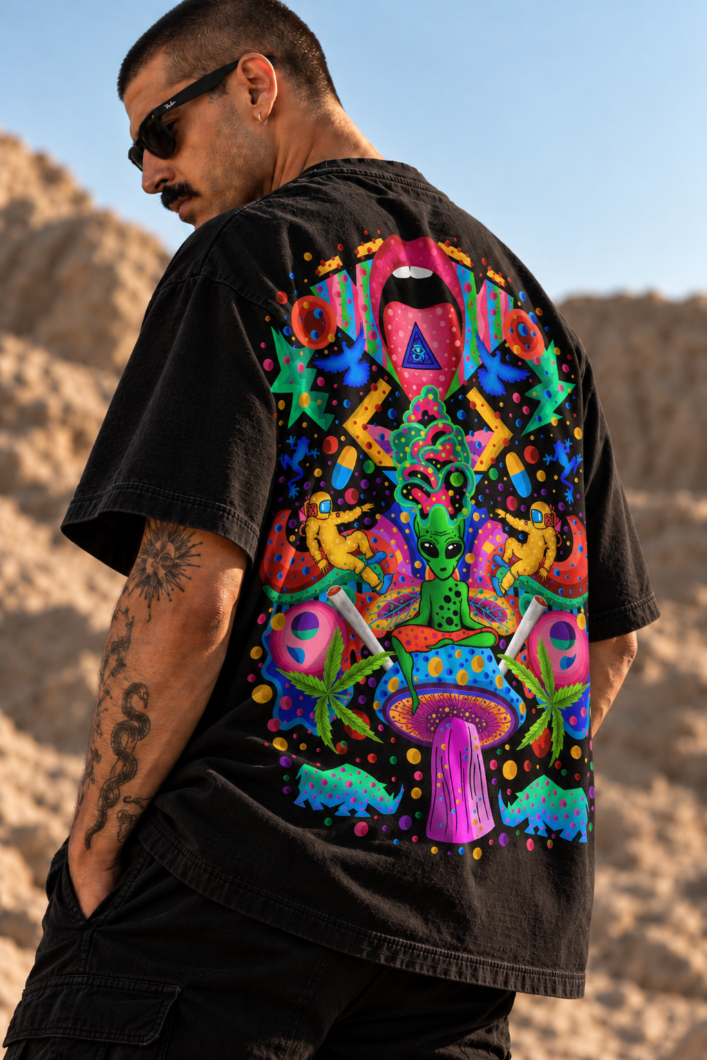 A man wearing a black LMNO t-shirt with a highly detailed, colorful psychedelic graphic print on the back, photographed outdoors in a desert landscape.