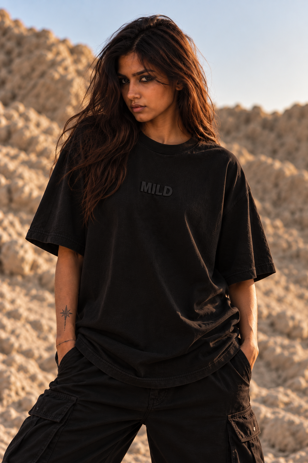 A woman wearing a black oversized LMNO t-shirt with the word 'MILD' printed in dark gray on the chest, paired with black cargo pants, set against a rocky desert landscape.