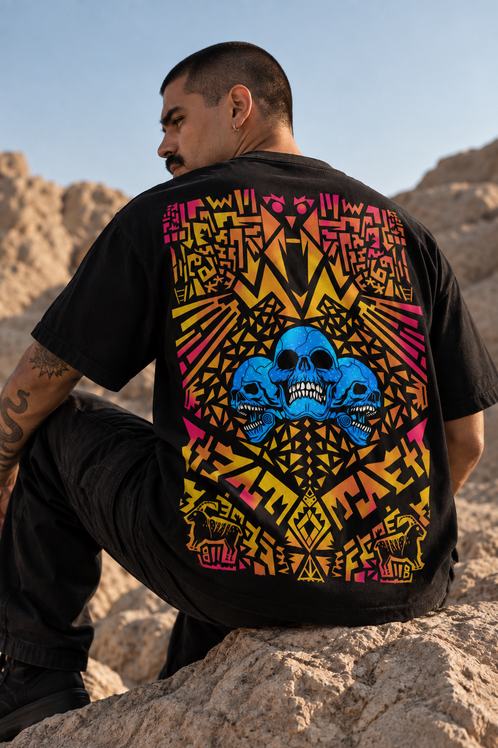 A man wearing a black LMNO t-shirt with a large, vibrant graphic print on the back, sitting outdoors on a rocky desert landscape.