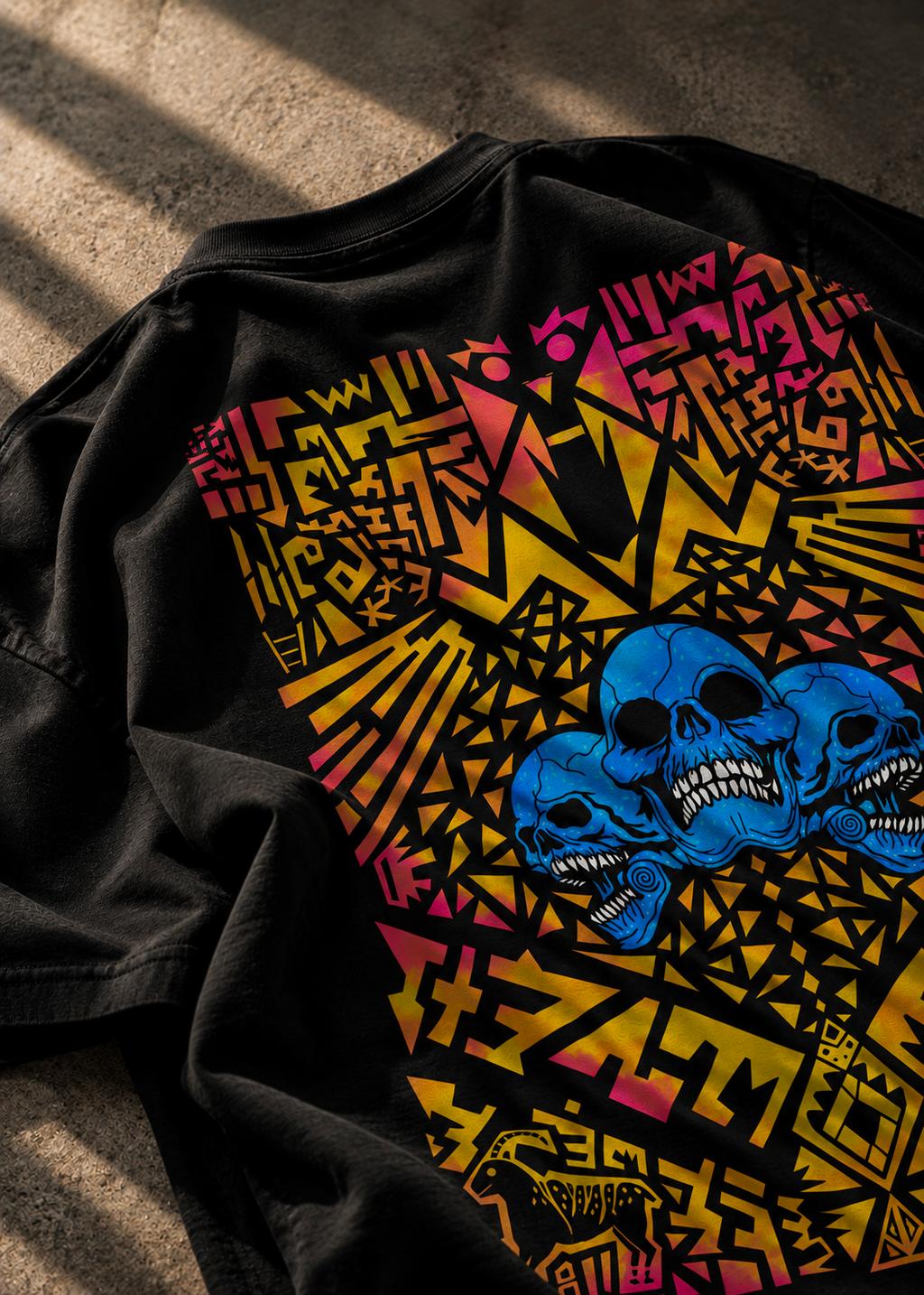 A black graphic LMNO t-shirt laid flat on a textured concrete surface under natural sunlight. The shirt features a large, vibrant graphic print with three blue skulls, yellow and pink geometric patterns, and stylized text.