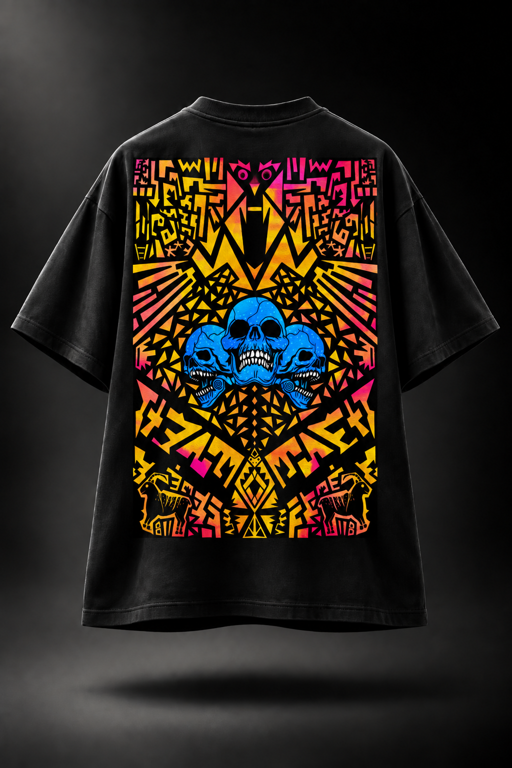 A black oversized LMNO t-shirt, featuring a large, vibrant graphic print with three blue skulls and a colorful geometric pattern in yellow, orange, and pink.