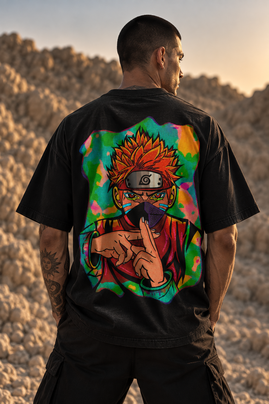 A man wearing a black LMNO t-shirt with a large, colorful anime graphic of Naruto on the back, set against a rocky desert landscape at sunset.