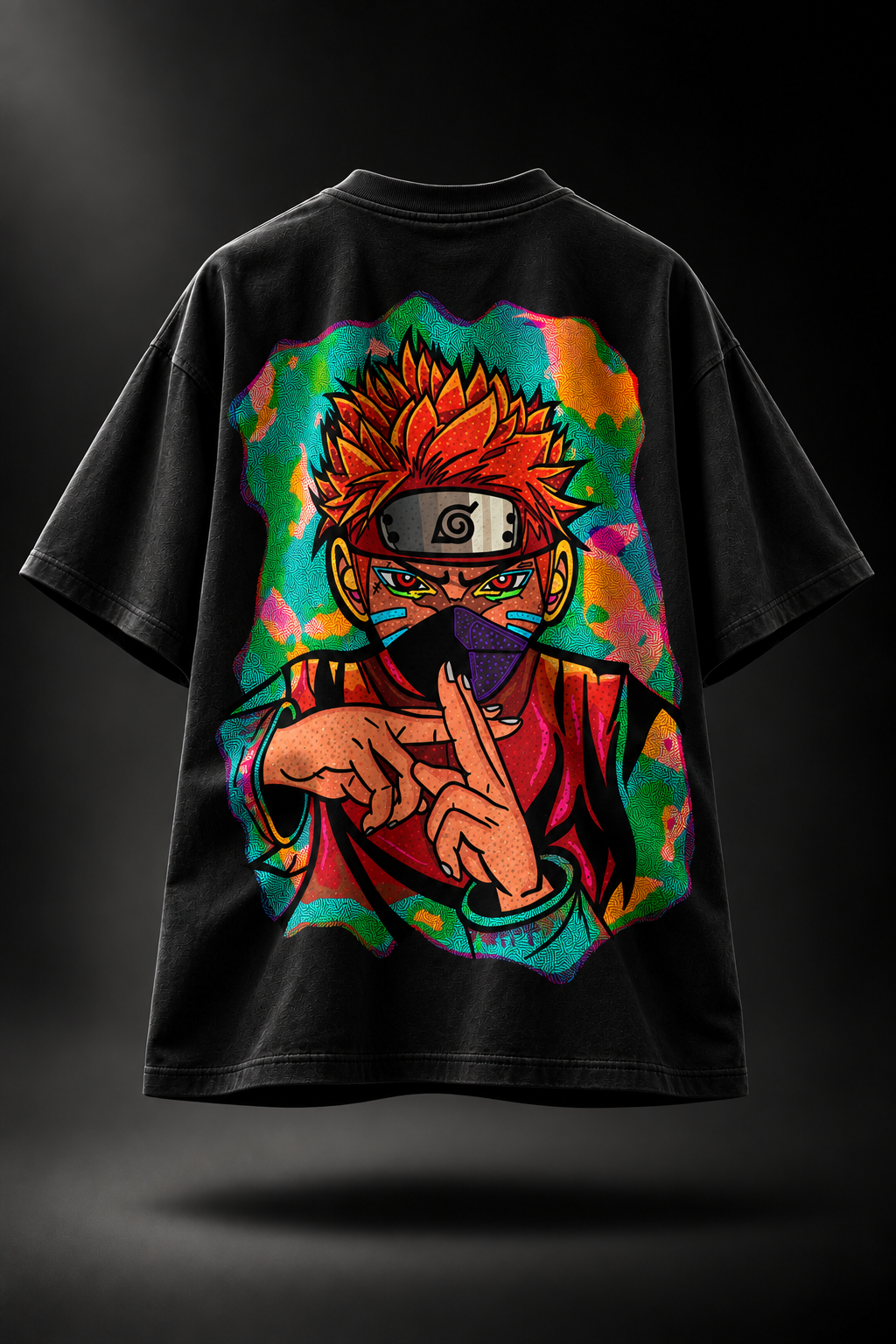 A black LMNO T-shirt featuring a large colorful anime-style graphic print of an anime character.